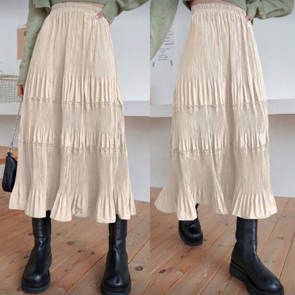 Luxe high waisted plisse pleated ruffle hem maxi skirt